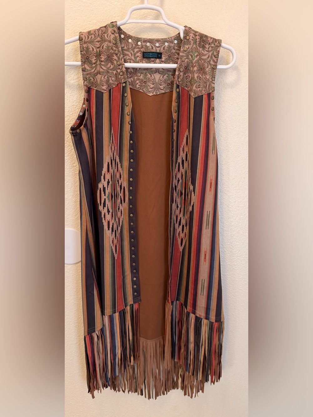 Southwest Fringe Open-Front Vest in Rust Multi